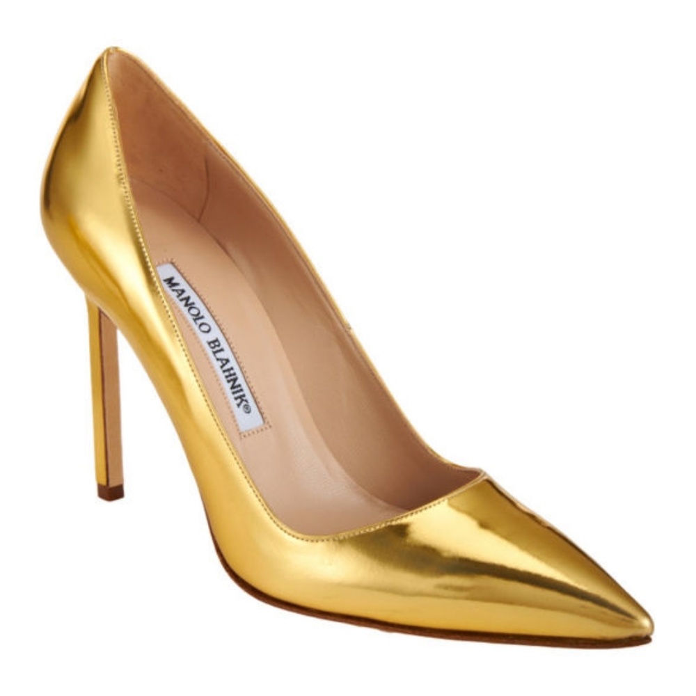 Manolo Blahnik metallic gold specchio leather BB pumps.